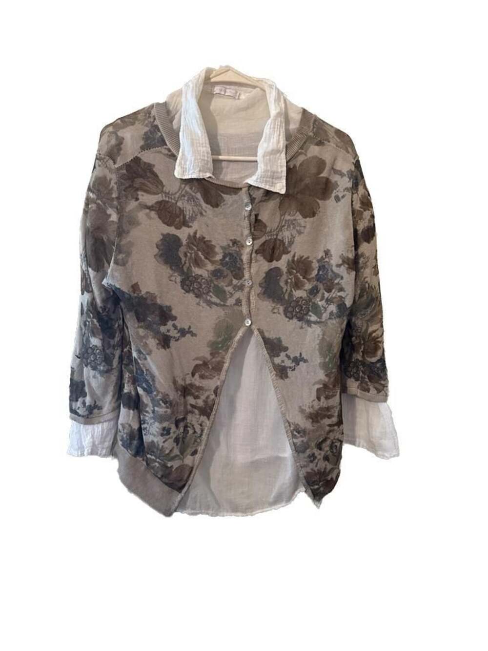 Made in Italy Floral Print 2-in-1 Cardigan and White Shirt Layered Top